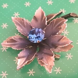 Vintage Silver Leaf Brooch with Blue Gem